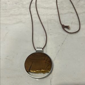 Wooden Pendant with painted gold accent Necklace with Cord